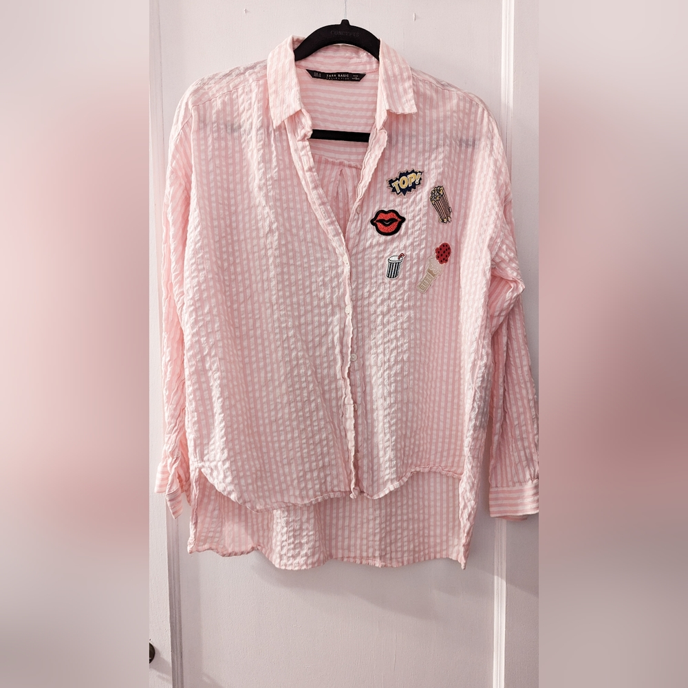 SOLD π« Zara Basic Poplin Popcorn Fun Patch Pink Striped Collared Shirt, Small - Picture 4 of 7